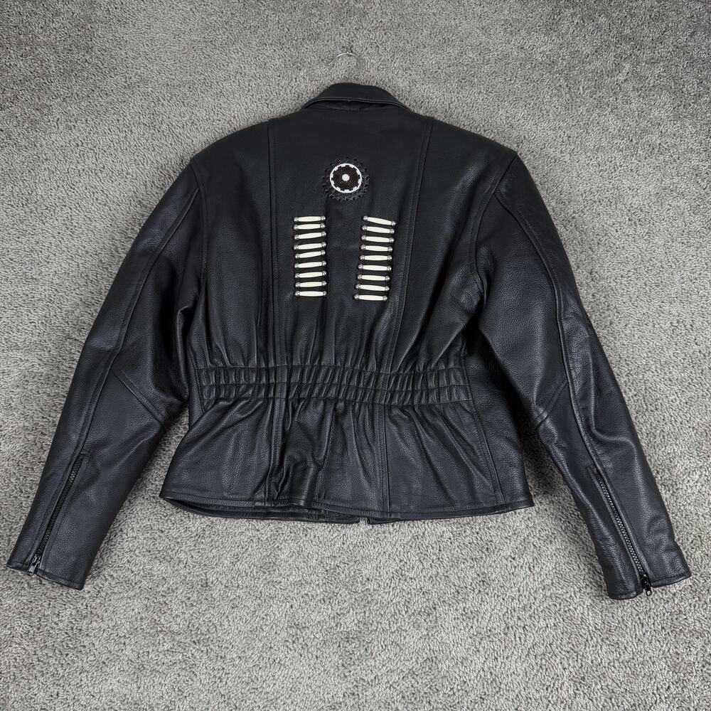 Jim Leather Jacket Womens Large Black Western Bone Bead Biker Motorcycle Zip - Picture 5 of 11